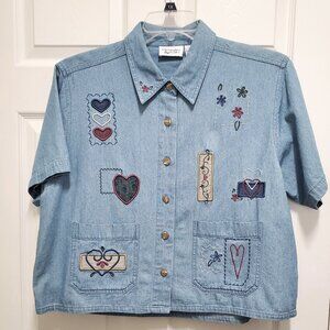Denim Blouse with Heart Accents